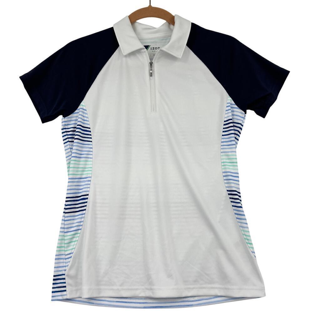 Izod Golf Polo Top Womens Size S White Blue Multi Stripe Stretch‎ Quarter Zip